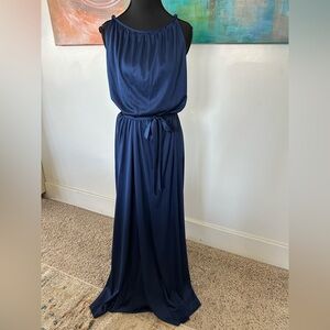 Lanz Vintage Navy Maxi Dress 70s Open Back Front Button Detail Belt Near Mint L
